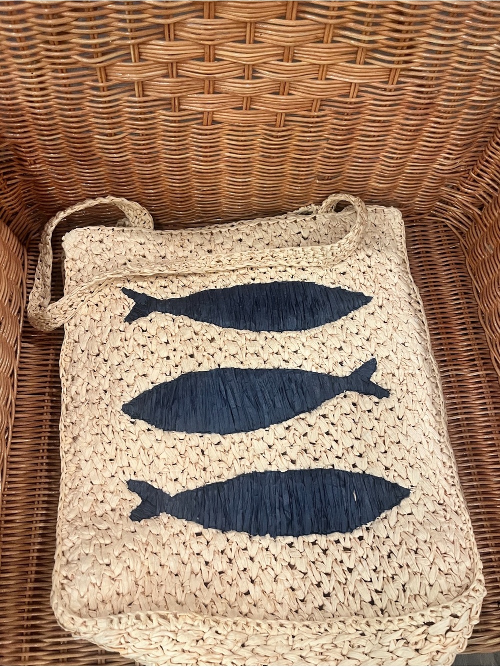Anthropologie Natural Straw Tote with Navy Fish Motif